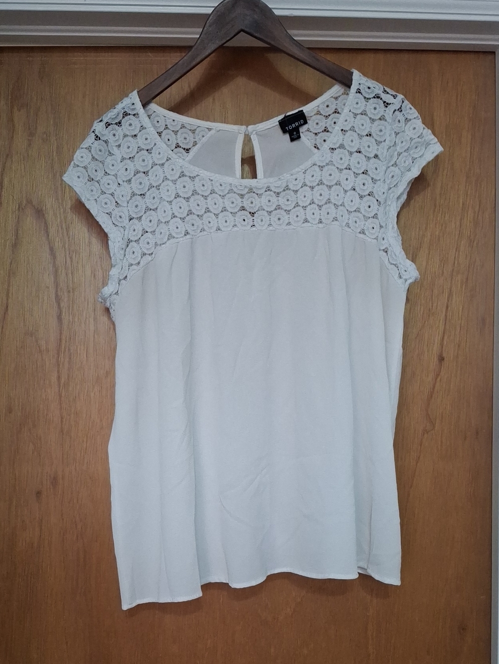 Torrid White Crochet Yoke Cap-Sleeve Blouse
